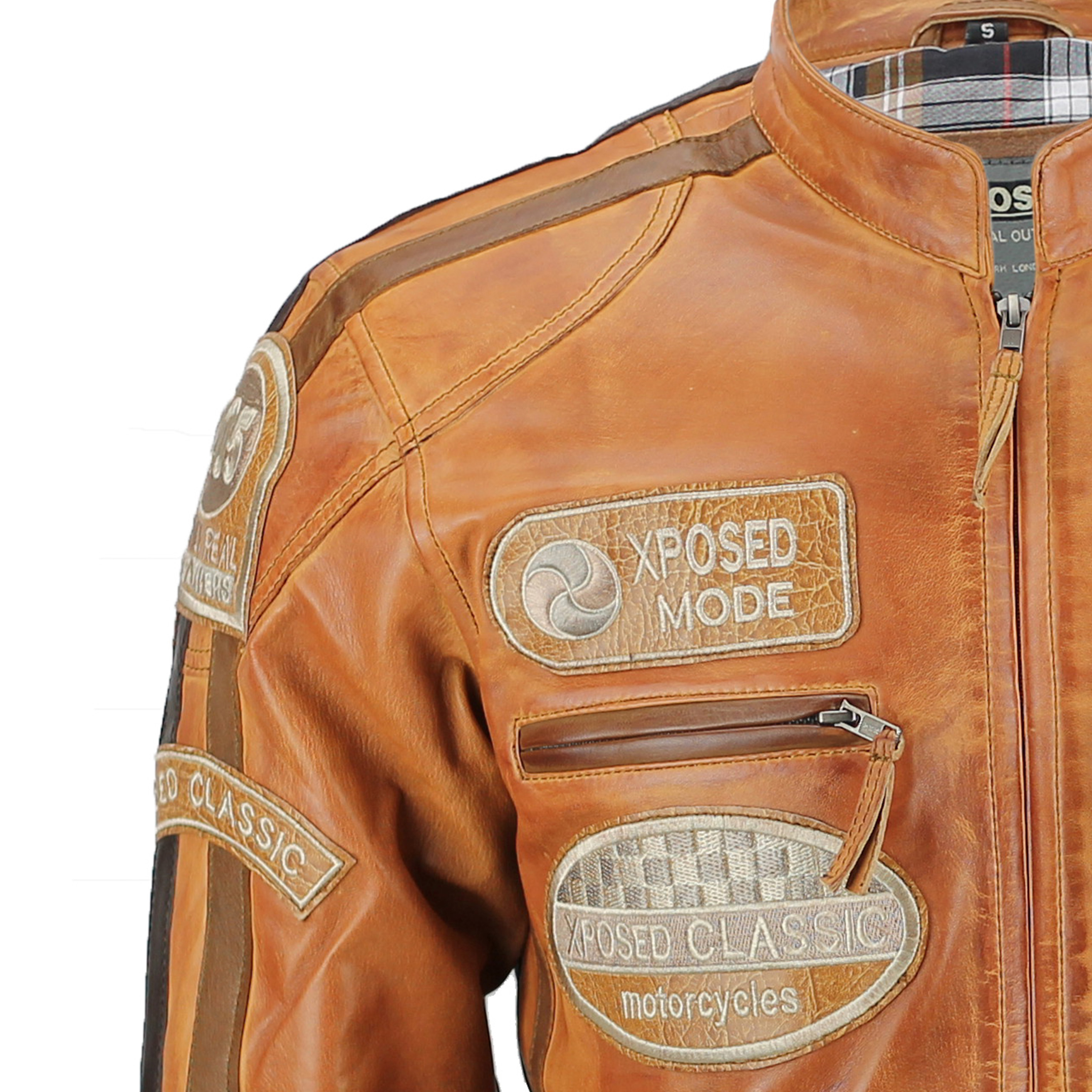 XPOSED Mens Real Leather Tan Brown Racing Badges Biker Jacket 